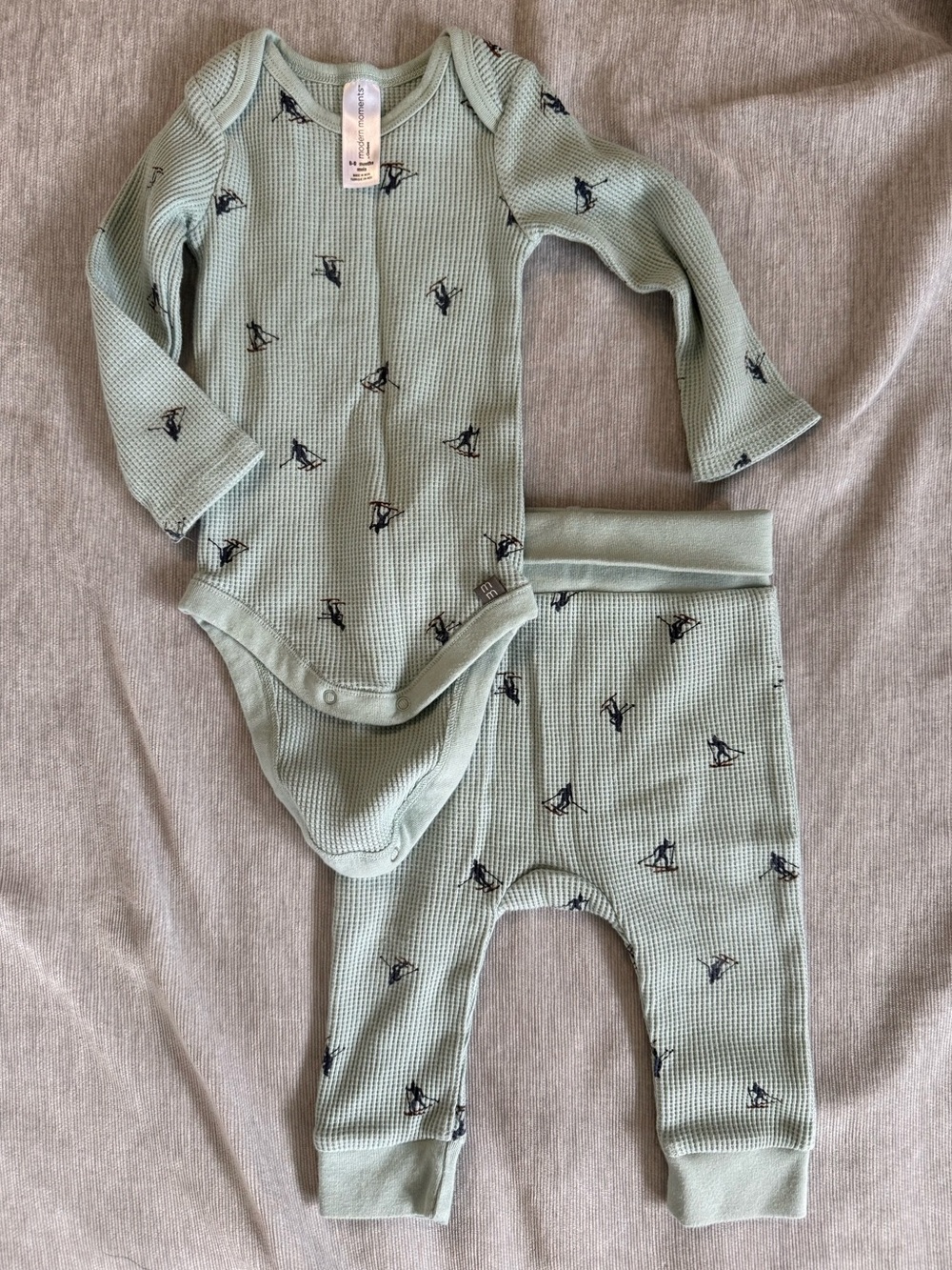 Modern Moments Baby Waffle Knit One-Piece Set in Sage Green and skiing print